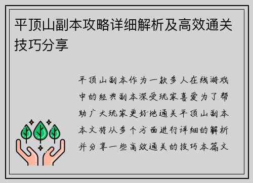 平顶山副本攻略详细解析及高效通关技巧分享