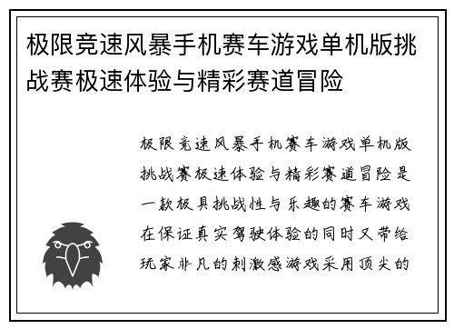 极限竞速风暴手机赛车游戏单机版挑战赛极速体验与精彩赛道冒险